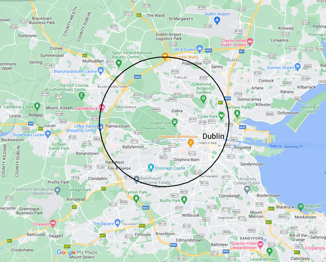 A map with a circle on it showing our delivery range