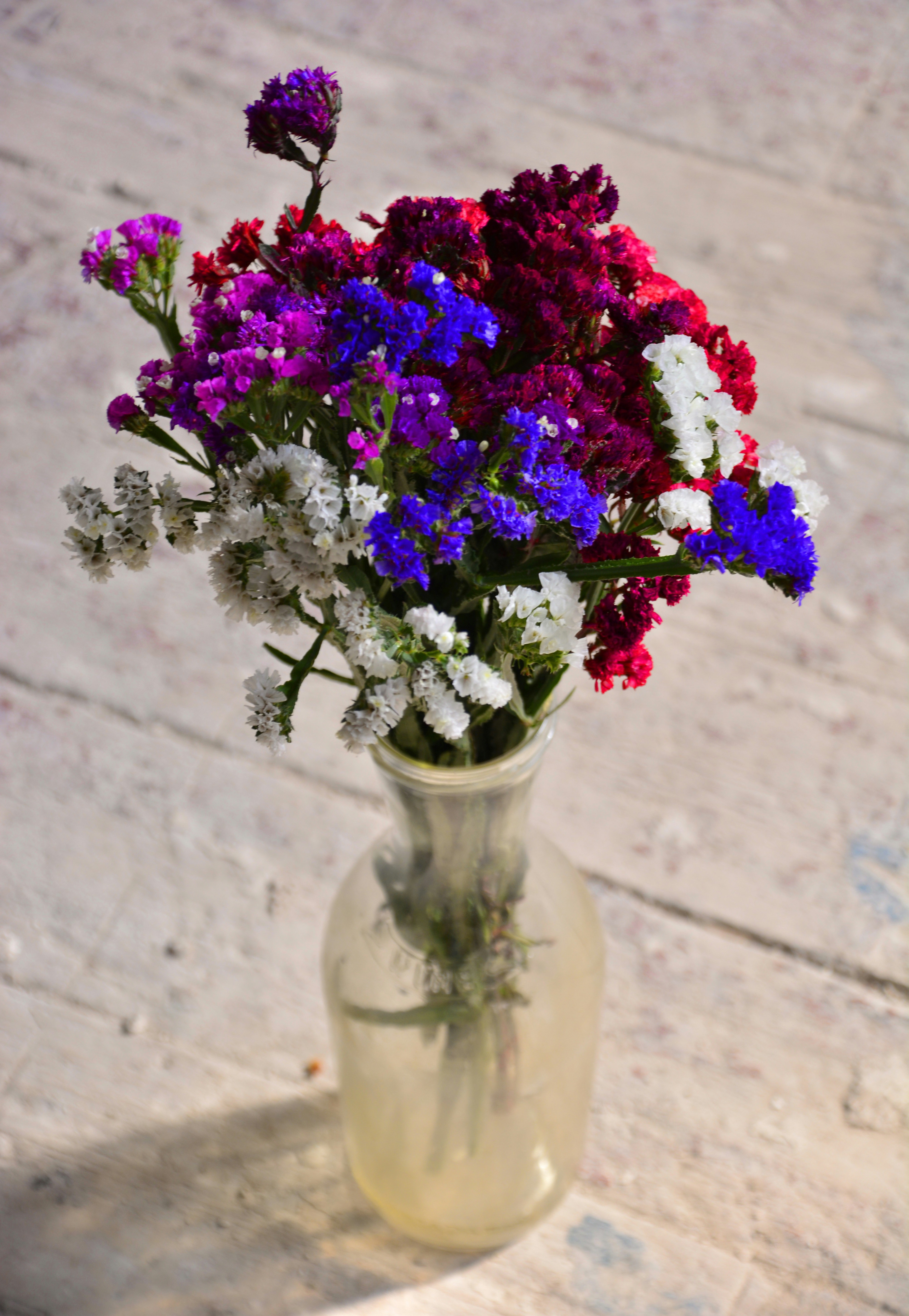 Picture of a bouquet of blue, pink and white flowers in a vase